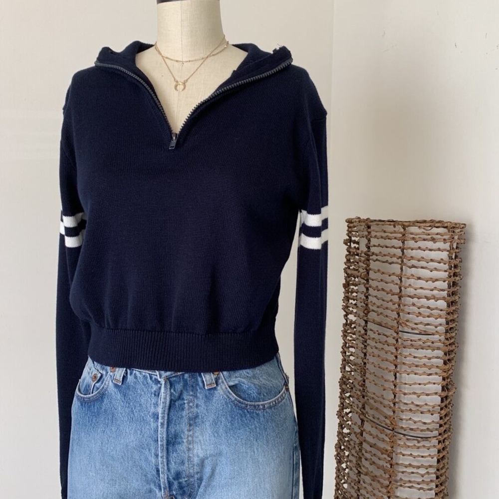 Brandy Melville Navy Blue Half-Zip Sweater with White Stripes New
